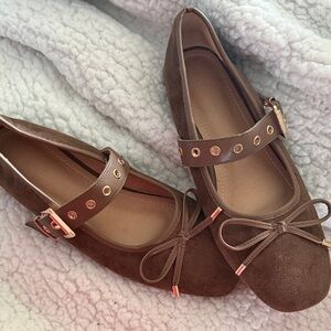 Brown Suede Ballet Flats with Strap
